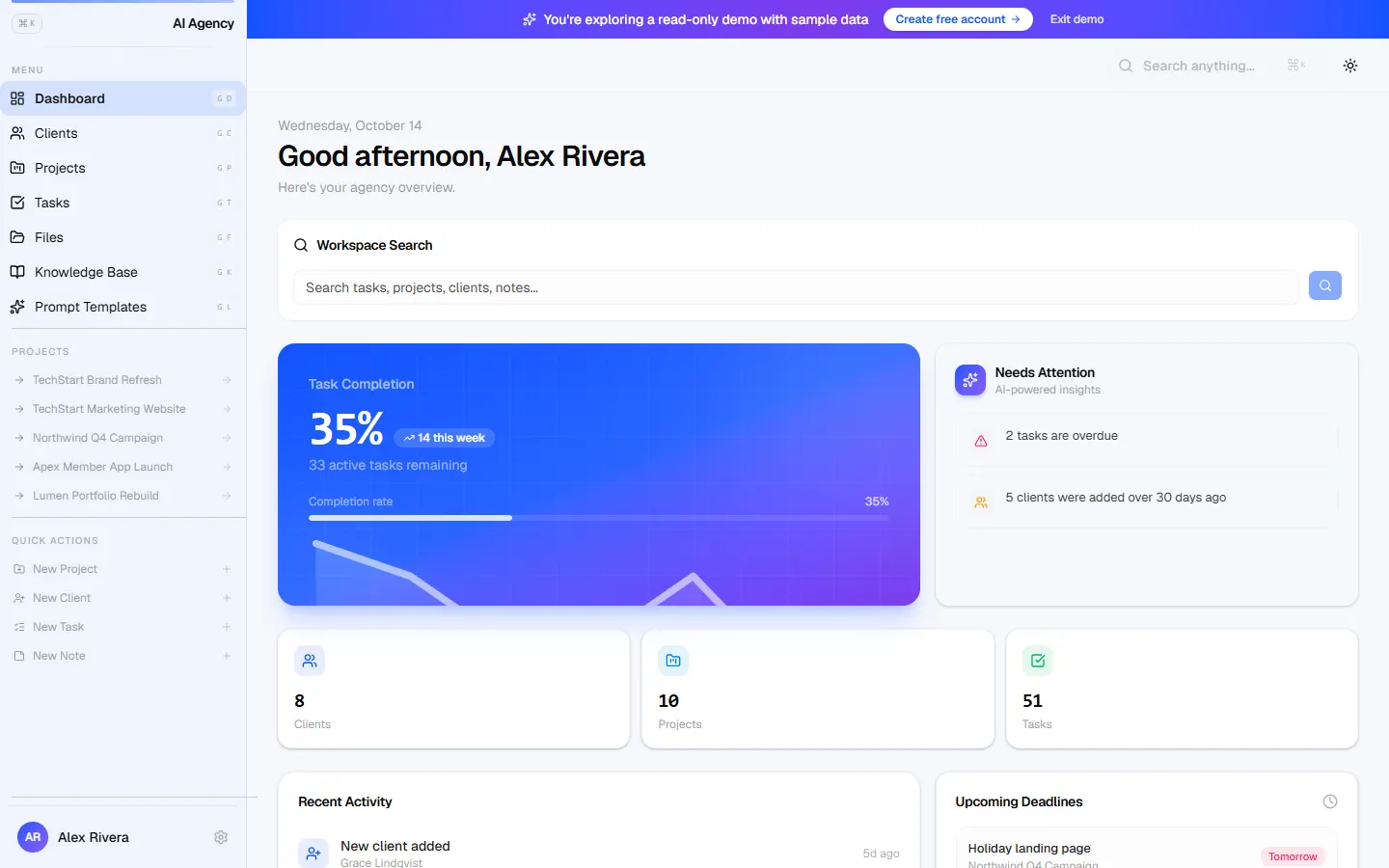 AI Agency OS demo dashboard: a greeting, workspace search, task completion, items needing attention and recent activity